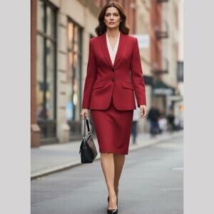 Vintage Jones New York Red Wool Crepe 2 Piece Skirt Suit Women SZ 10P Career USA